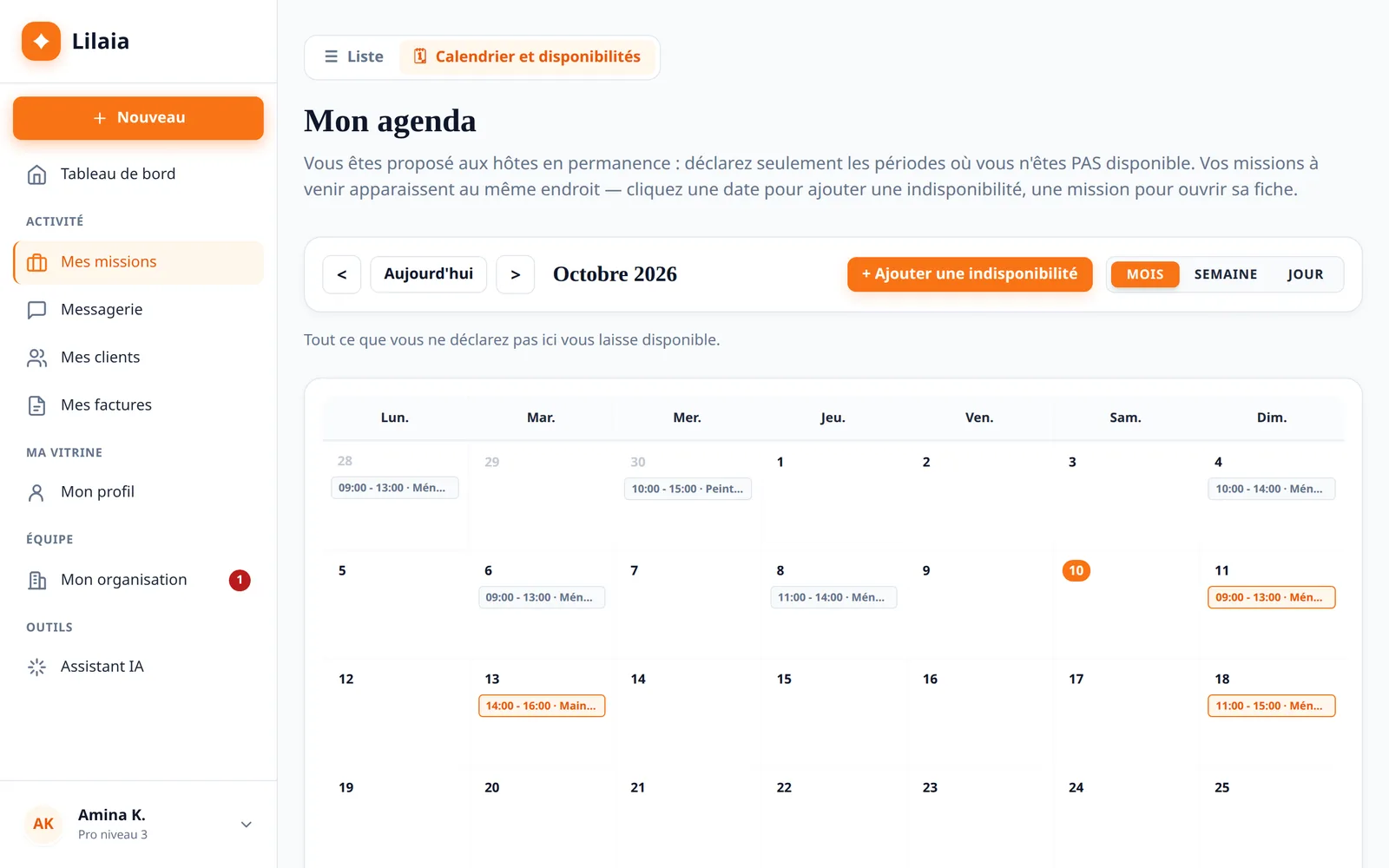 Capture de l'interface Lilaia : L'agenda : les missions à venir et les absences déclarées, au même endroit.