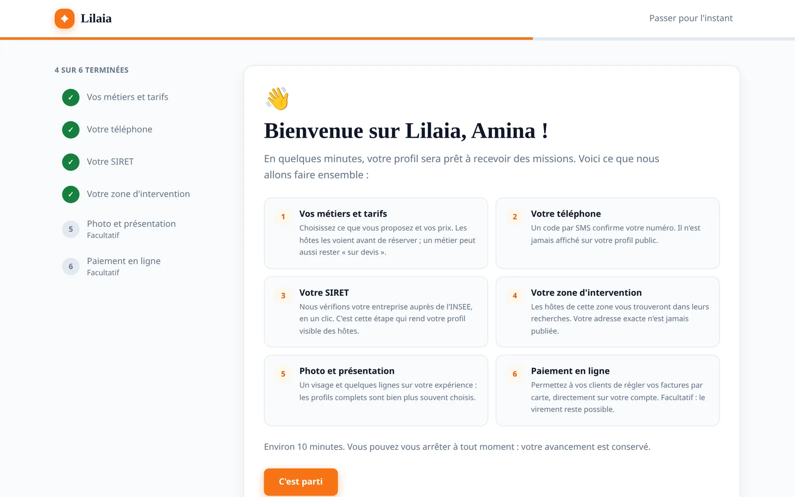 Capture de l'interface Lilaia : Le tableau de bord du professionnel : revenus, missions, note, niveau de vérification.