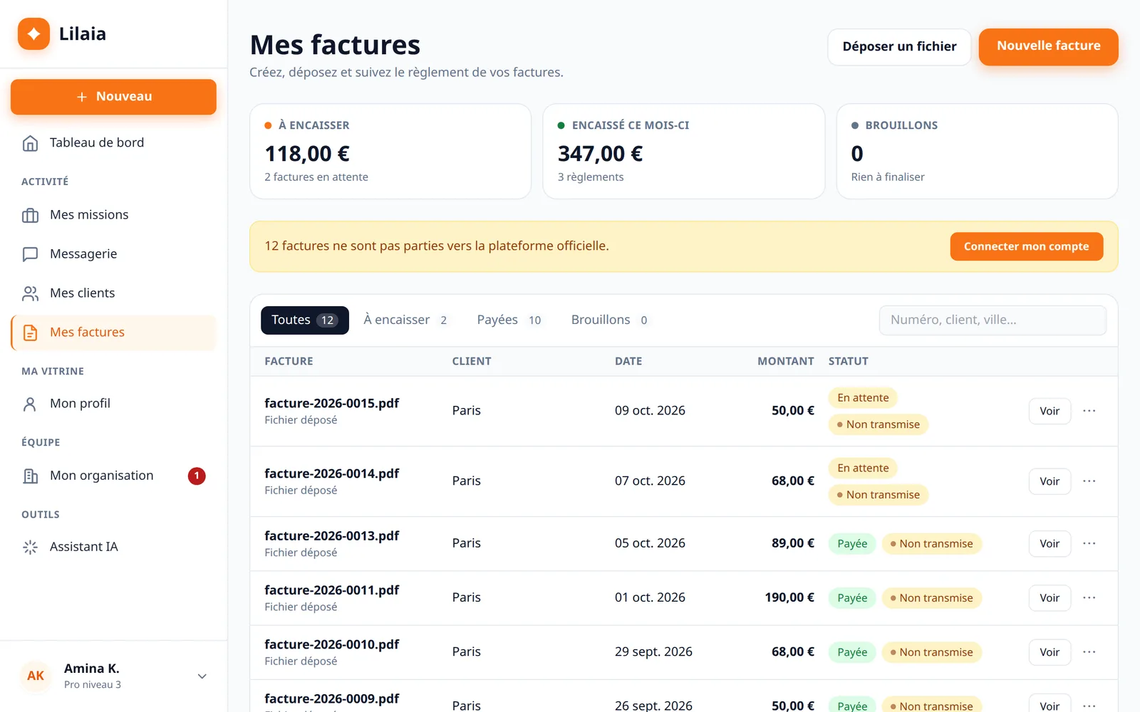 Capture de l'interface Lilaia : La facturation : une facture par mission, numérotée et suivie.