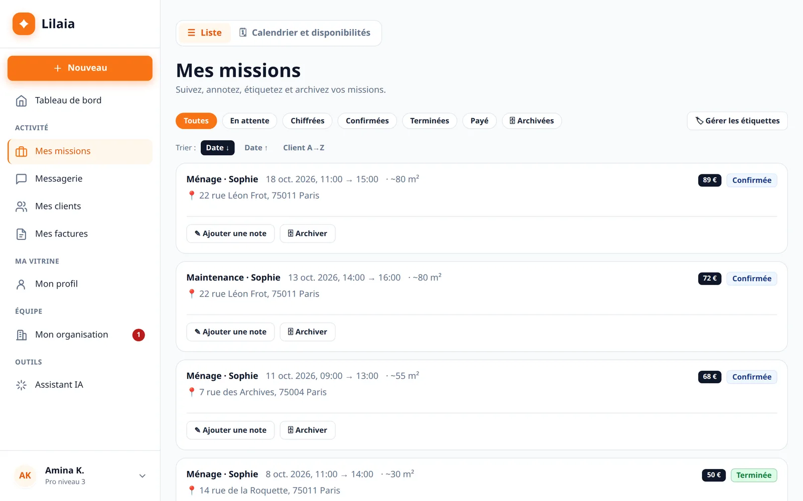 Capture de l'interface Lilaia : Les missions : à accepter, à réaliser, à facturer.