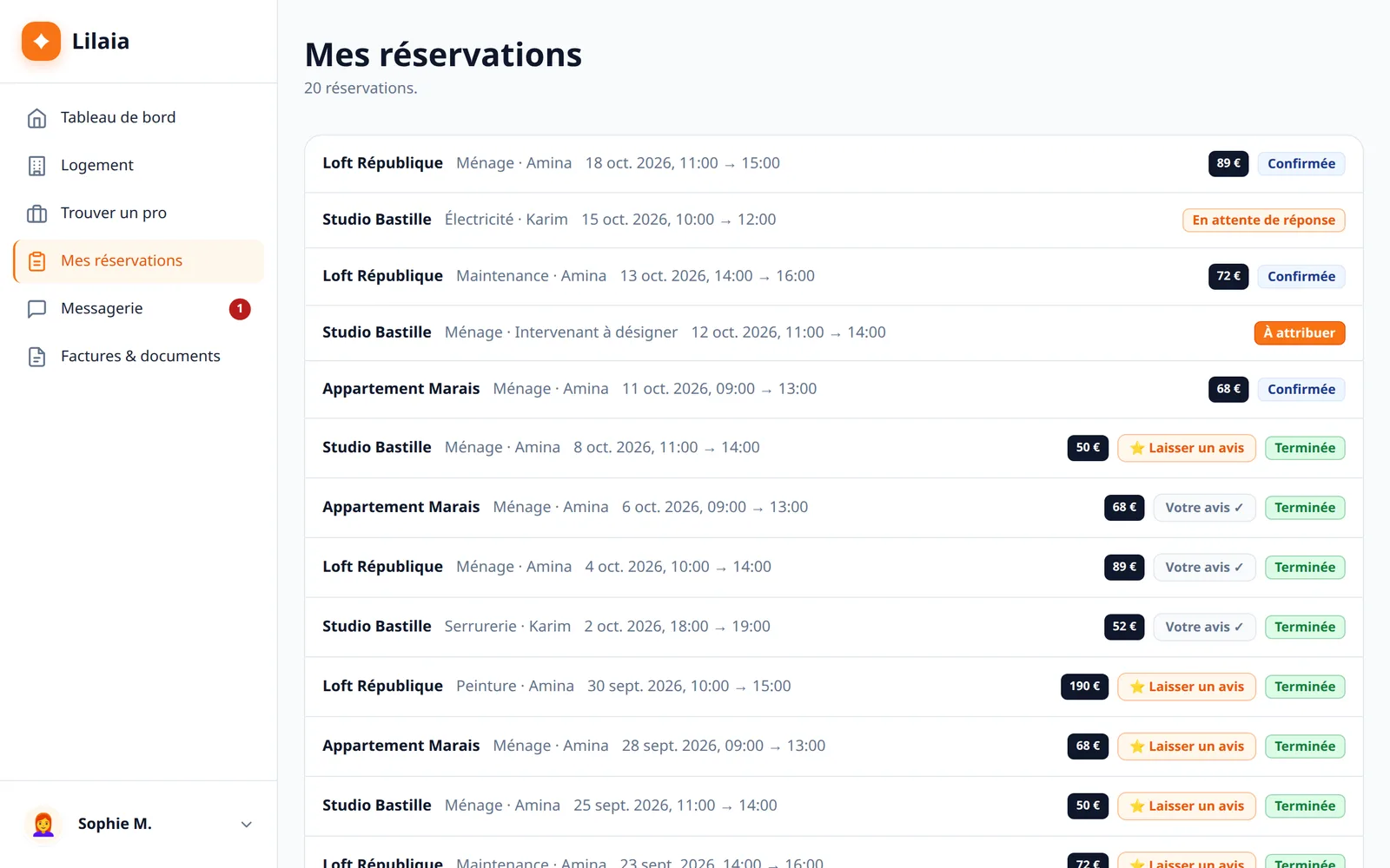 Capture de l'interface Lilaia : Le suivi des interventions, de la demande envoyée à la mission terminée.