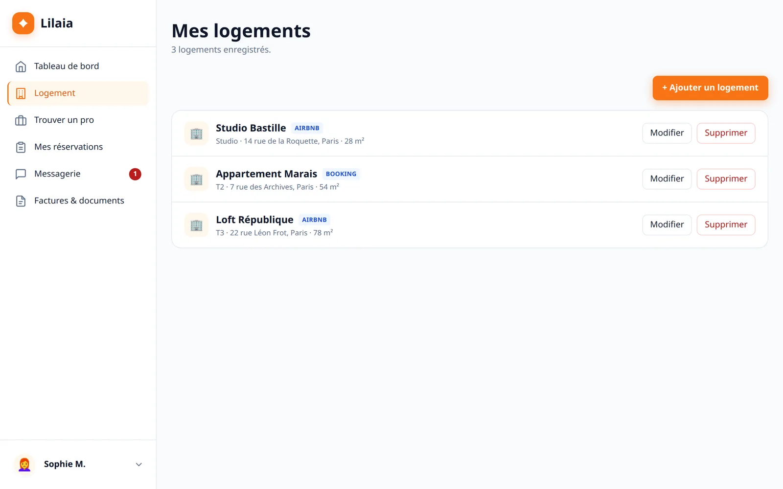 Capture de l'interface Lilaia : Les logements : adresse, accès, et le calendrier Airbnb ou Booking importé.