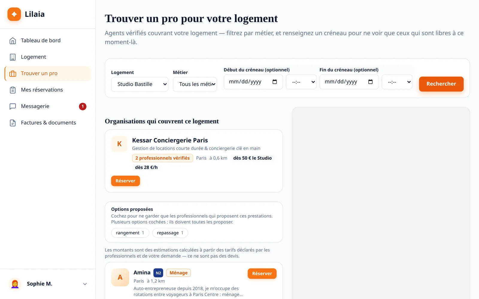 Capture de l'interface Lilaia : La recherche par disponibilité : qui est libre sur le créneau, à quelle distance, à quel tarif.
