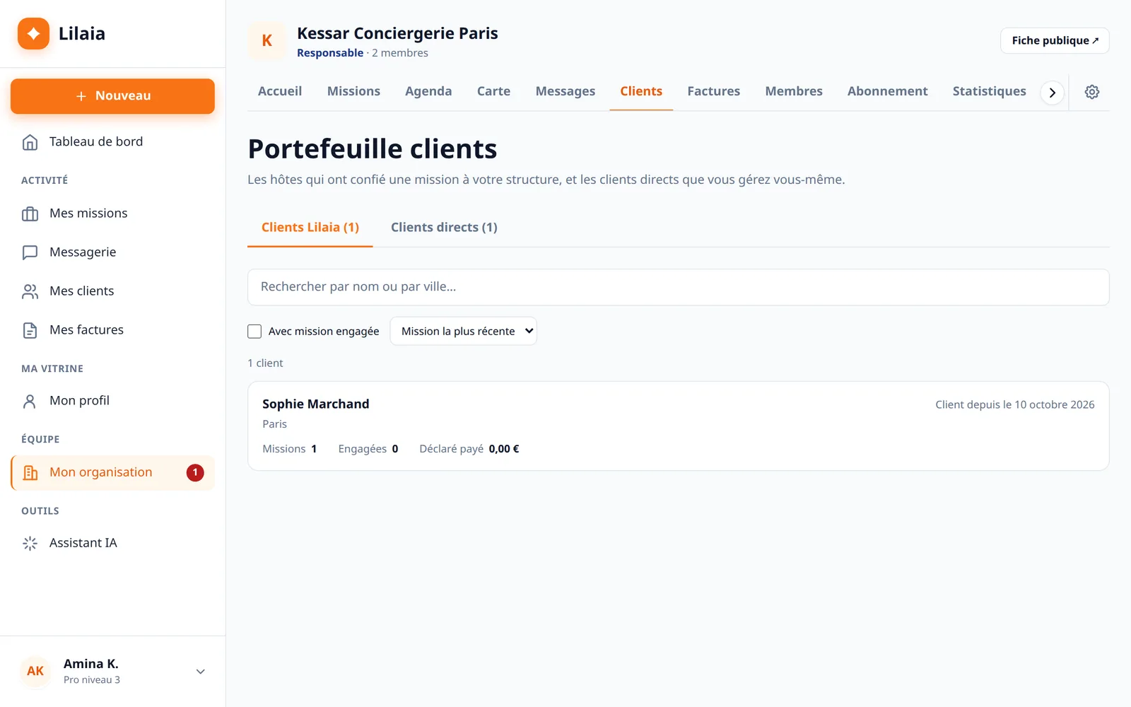 Capture de l'interface Lilaia : Fichier clients et résidences : carnet d'adresses unifié pour clients sur et hors plateforme.